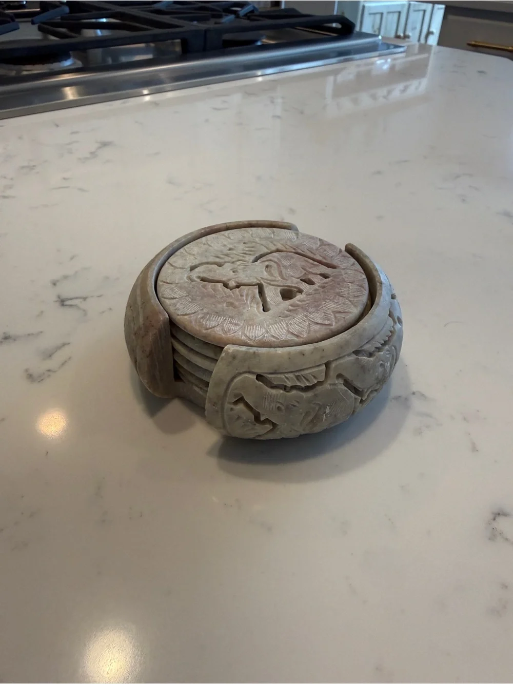 Hand-Carved 6 Soapstone Elephant Coaster Set with Holder Safari Wildlife Decor